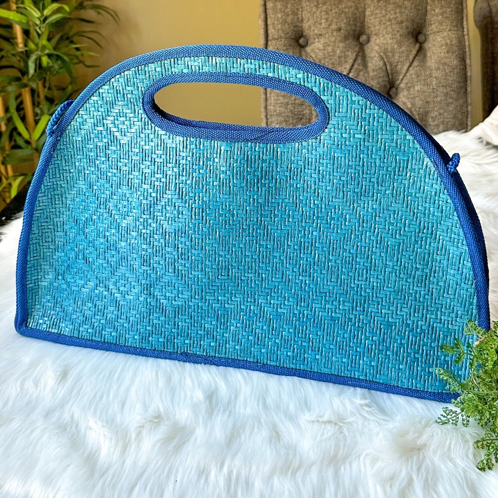 Vintage Vanessa Wicker Woven Purse Blue Half Circle Moon Beach Bag Tote Clutch - Picture 4 of 8